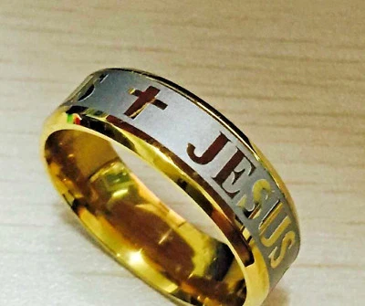 Jesus and Cross Ring - 8mm Wide - 18K Gold/Silver Plated Titanium 316 Steel   - Image 1 of 3