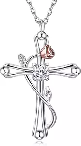 Cross Rose Necklace Gifts for Women Faith Love 925 Sterling Silver CZ Pendant - Picture 1 of 8