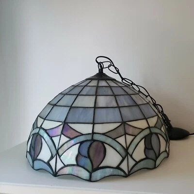 WORKS Stained Glass Hanging Lamp Iridescent Tiffany Style Flower Blue Lavender  - Image 1 of 4