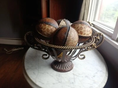 French Country metal bowl with 5 balls rustic copper - Image 1 of 4