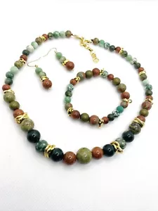 3-teiliges Schmuckset Halbedelstein Achat Perlen, goldfarbene Kette 20 Zoll - Bild 1 von 3
