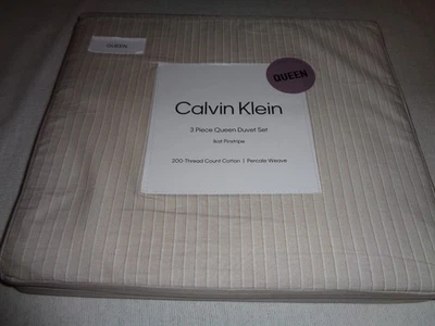 Calvin Klein Ikat Pinstripe Neutral/brown 100% Cotton QUEEN Duvet Cover Set 3pc - Image 1 of 4
