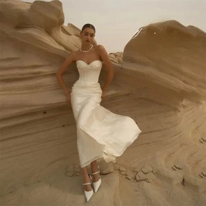 Elegant Bridal Gown Sweetheart Neckline Mermaid Satin Ankle-Length Bride  Gowns - Picture 1 of 7
