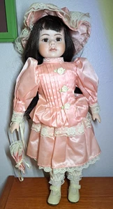 Vtg Porcelain Doll Pink Dress Roses Parasol Long Brown Hair 18" Complete Outfit - Picture 1 of 9