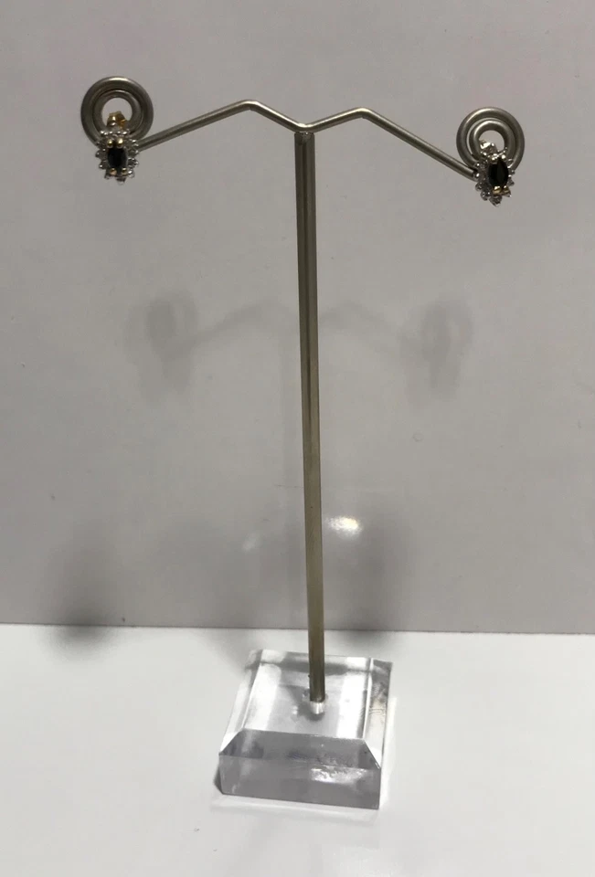 14K 双色金色侯爵夫人切割天然蓝色蓝宝石和钻石光环耳环 — 第 1/4 张图片