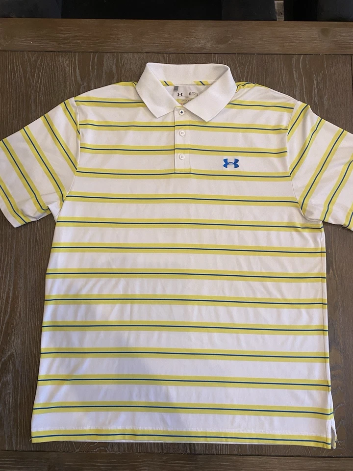 Under Armour Men's Golf Shirt XL Loose White With Yellow & Blue Stripes - Image 1 of 4