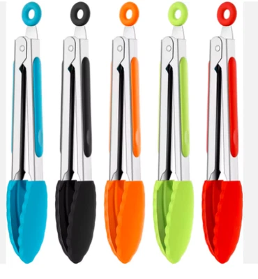 LAVEN & IVORY 5 pcs Silicone Kitchen Cooking Tongs Stainless Steel with Tips BBQ Salad Serving