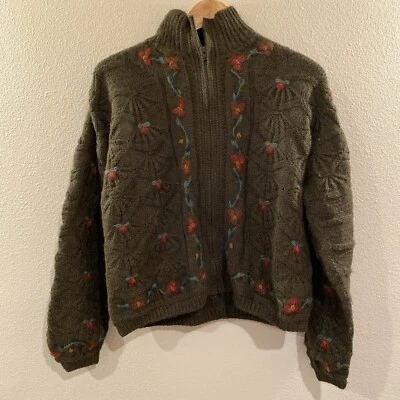 Vintage Peruvian Connection Sweater Alpaca Small Dark Green Zip Cardigan Floral - Image 1 of 4