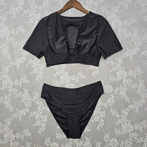 SHEIN Swimsuit Two Piece Women's 0XL Short Sleeve High Cut Bikini Set Black NWT - Picture 1 of 8