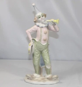Vtg Clown Porcelain 12"H Horn Tambourine Blocks Gray Pink Yellow Figurine 1990s - Picture 1 of 11
