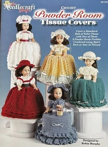 NEW POWDER ROOM TISSUE COVERS 5 DOLL DRESS DESIGNS CROCHET PATTERNS BOOK YARN - Picture 1 of 2