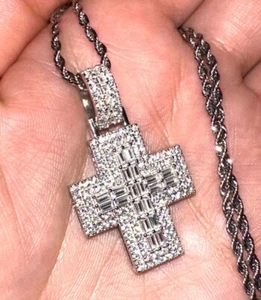 Men's 925 Sterling Silver tiny Baguette Cross Jesus Crucifix Rope Chain Charm - Picture 1 of 7