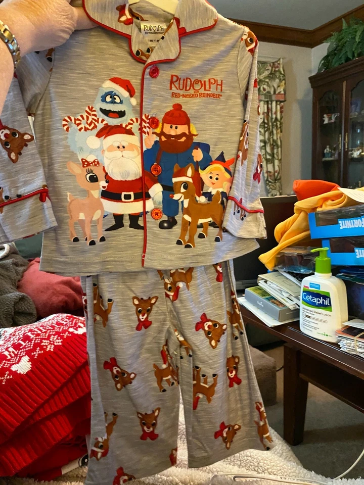 Conjunto de pijama Rudolph nariz roja reno niños 2 piezas ropa de dormir nuevo con etiquetas botón 18 M Foto 1 de 1