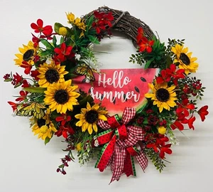 Home Decor Handcrafted Hello Summer Watermelon Ribbon Sunflower Vine Wreath NEW - Picture 1 of 3