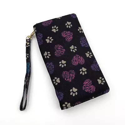 Cartera de muñeca con estampado de pata de lona y corazones cierre a presión cremallera bolsillo ranuras para tarjetas correa Foto 1 de 4