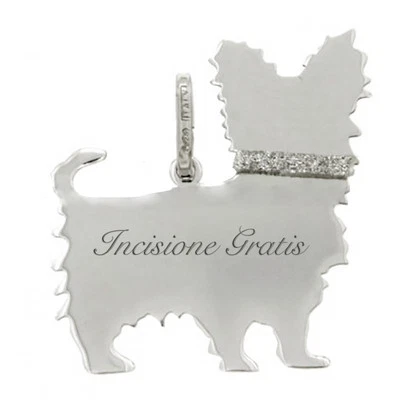 Ciondolo cane Yorkshire in argento 925 rodiato incisione gratis mm 27x35 - Immagine 1 di 2