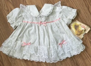 Sears 12 Month White Infant Baby Dress Polka Dots Pink Bows Lace - Picture 1 of 13