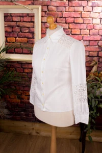 Camicia vintage originale anni 70 bianca boho hippie costume tradizionale pizzo 42 44 - Foto 1 di 6