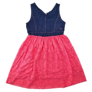 Limited Too Girls Dress Denim Cotton Top Pink Floral Laced Lined India Size 8 - Picture 1 of 12