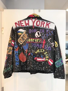 Vintage 90s NY Time Square Sequin Bomber Jacket by Maple size XL - Picture 1 of 19