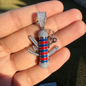 Moissanite Barber Salon Iced Pendant Pass Testers 925 S.Silver + Free Rope Chain - Picture 1 of 12