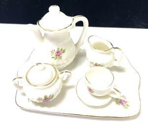 8 Piece Miniature child doll house fine bone Porcelain floral and white Tea Set - Picture 1 of 2