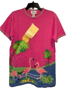 NWT The Quacker Factory Pink Short Sleeve Flamingo Knit Sweater Size Small - Picture 1 of 12