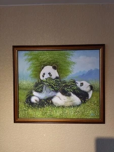 Original Oil On Board Painting Of Two Cute Pandas Wooden Framed Signed Julia - Picture 1 of 6