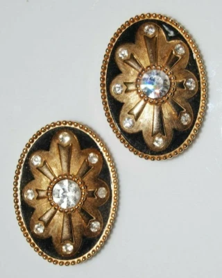 BRINCOS CLIPE OVAL SWAROVSKI GRANDES OUSADOS METAL DOURADO ESMALTE PRETO E STRASS - Imagem 1 de 4