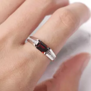 Red Garnet Women Ring Emerald Cut Gemstone Pave Band 925 Sterling Silver Ring - Picture 1 of 7