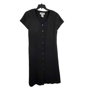 Vintage Jones New York Black Button Up Short Sleeve V Neck Dress Size 8 - Picture 1 of 4