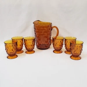 Krug 6 Tassen Set Saft Wasser Eistee Whitehall Bernstein Kolonie Glas Würfel Vintage - Bild 1 von 12