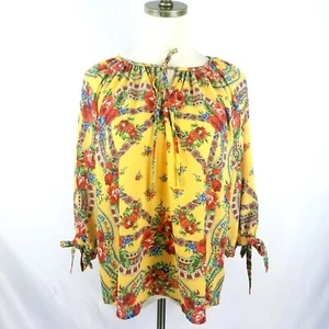 NWT Umgee Blouse Womens Size S Yellow Floral 3/4 Split Cold Shoulder Sleeve Top - Picture 1 of 7