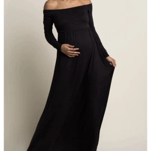 NWT Pinkblush Maternity XL Black Off The Shoulder Maxi Dress, Long Sleeves - Picture 1 of 10