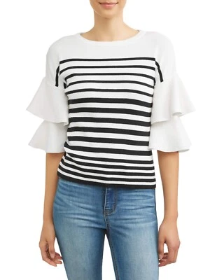 Willow & Wind женщин полоски слоистый рукав свитер, черный и белый, большой - Изображение 1 из 2