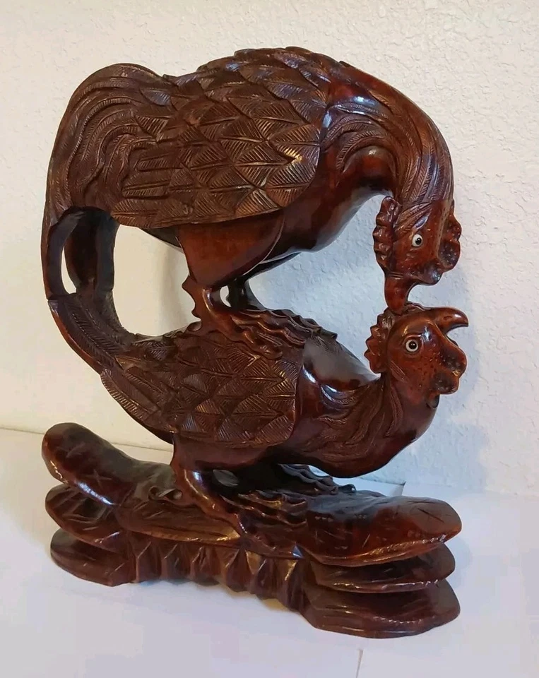 Antique Chinese Rosewood Carved Fighting Signed Roosters -Glass Eyes 11.5 X 9.5 - Image 1 of 4