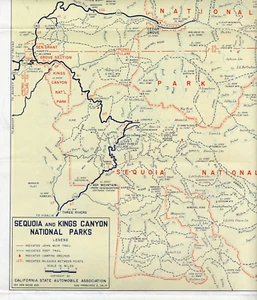 Mapa grande vintage AAA de los parques nacionales Sequoia y Kings Canyon CA - Imagen 1 de 5