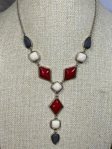 Statement Red & Cream Acrylic Cabochon Gold Tone Set Y Drop Panel Necklace 759 - Picture 1 of 17