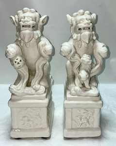 Vtg Chinese Porcelain Foo Dog Statues Set of 2 White 11” Tall, Guardian Lions - Picture 1 of 19