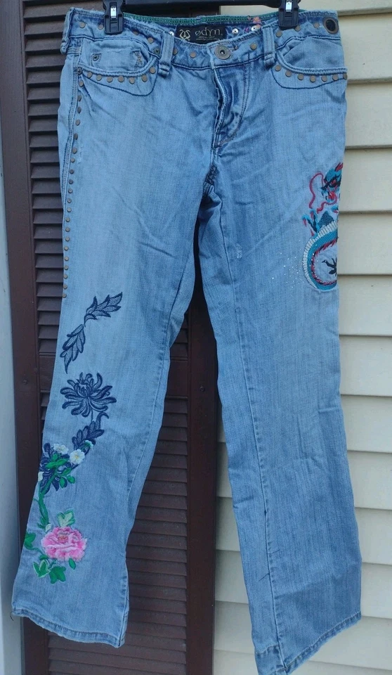 Y2K Odyn Diseñador Dragón Bordado Jeans de cintura baja para mujer de 32" Foto 1 de 4