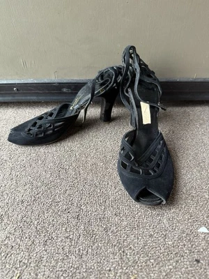 Vintage 1940's Black Ankle Strap Platform Shoes Pumps Heels Hollywood Glamour - Image 1 of 4