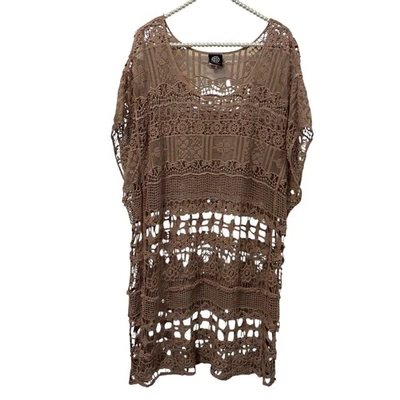 Camisa Bobeau Para Mujer 3X Taupe Crochet Encaje Transparente Túnica Cubrir Playa Boho Kimono Foto 1 de 4