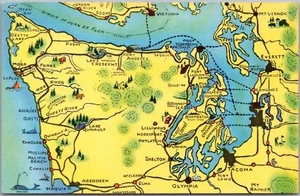 Mapa postal vintage de la Península Olímpica, Washington de los años 60 autopista/parque nacional - Imagen 1 de 2