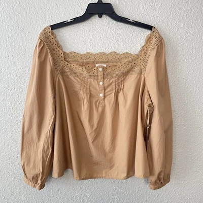 a.n.a. Mujer 2XL Petite Top Bronceado Boho Manga Globo Campesino Pradera Encaje Adornos Foto 1 de 4