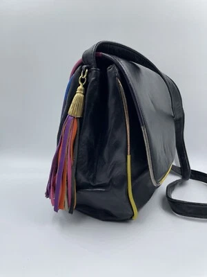 Joseph B. Exclusivo Bolso Bandolera Vintage Cuero Negro Borla Borla Colorida Usado en Excelente Condición Foto 1 de 4