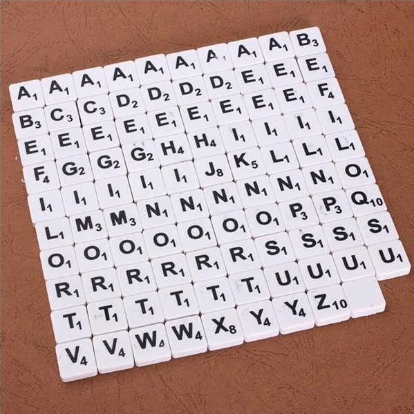 100 PLASTIC SCRABBLE TILES WHITE BLACK LETTERS NUMBERS FOR CRAFTS ALPHABETS PLAY - Image 1 of 1