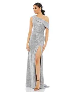 Ieena Mac Duggal Platinum Silver Metallic One-Shoulder Evening Gown Size 8 $298 - Picture 1 of 3