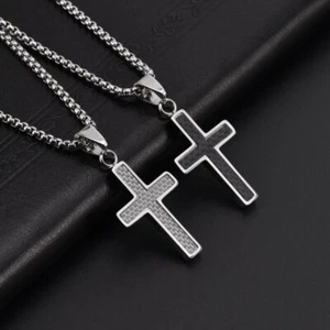 Collar religioso colgante cruz acero inoxidable fibra de carbono de moda para hombre nuevo - Imagen 1 de 10