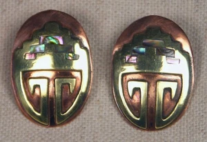 Large Vintage Copper Brass & Abalone Oval Post Earrings - Picture 1 of 2