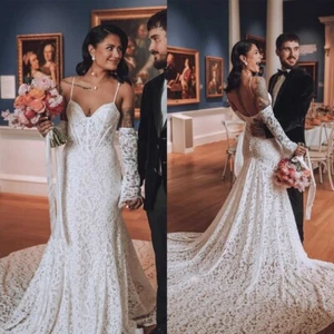 Mermaid Wedding Lace Dresses Spaghetti Strap Sweep Train Half Sleeves Ruffles - Picture 1 of 12